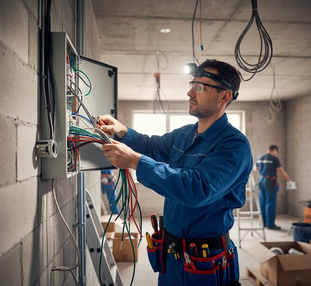 Électricien utilisant Le Tournevis sur chantier